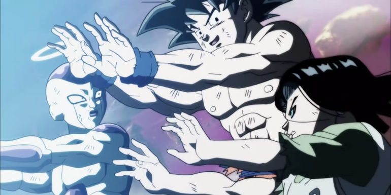 Screenshot from Dragon Ball Super anime final episode shows Frieza, Goku, and Android 17 raising their hands towards a white glow at the end of the Tournament of Power.