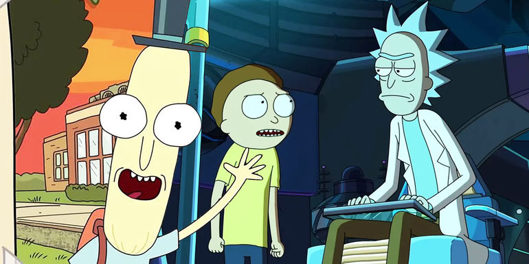 Custom image of Mr. Poopybutthole smiling beside a school alongside Rick and Morty arguing in a dark room in Rick and Morty season 7