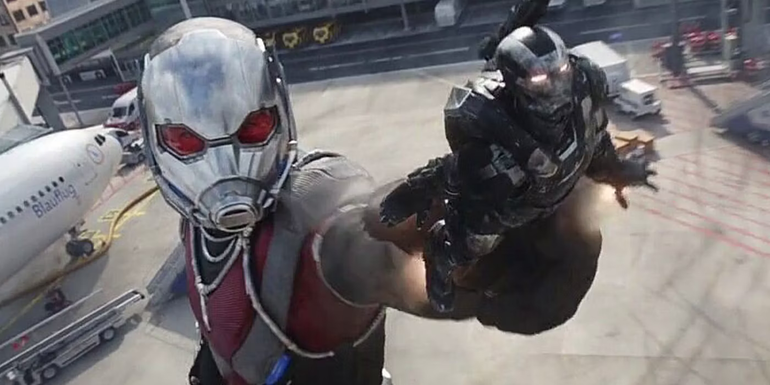 Ant-Man enlarged with War Machine in Captain America Civil War