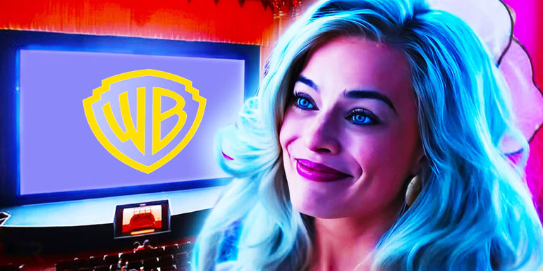 The WB logo on a movie screen and Margot Robbie as Barbie