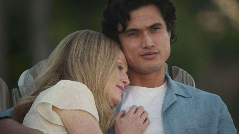 julianne moore as gracie snuggling with charles melton as joe in may december