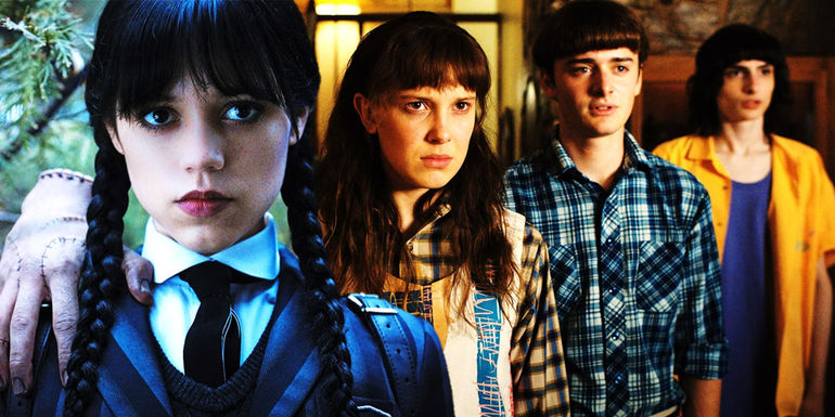 Collage of Jenna Ortega as Wednesday with the kids from Stranger Things