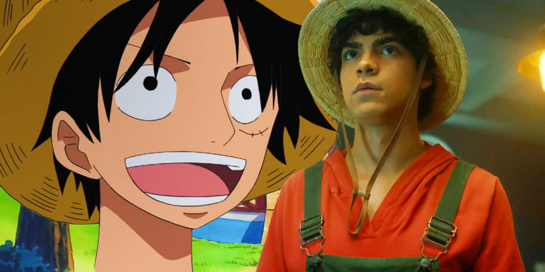 Luffy in One Piece anime composited with live-action Netflix show Luffy