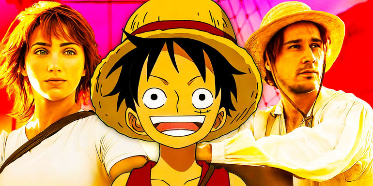 Luffy from the One Piece anime with Nami and Shanks from Netflix's live-action One Piece