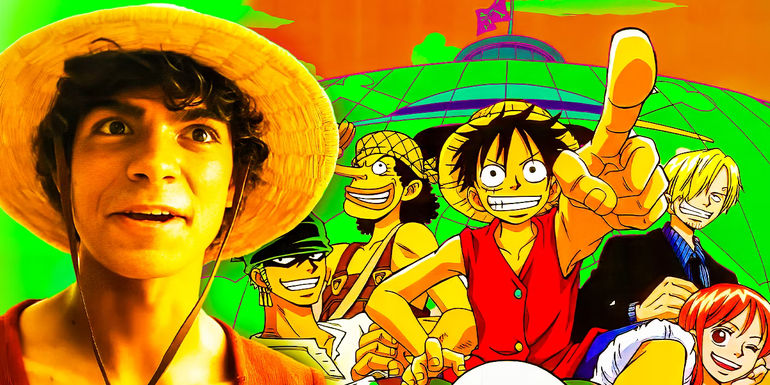 Luffy in Netflix's One Piece live-action and the Straw Hats in the One Piece anime
