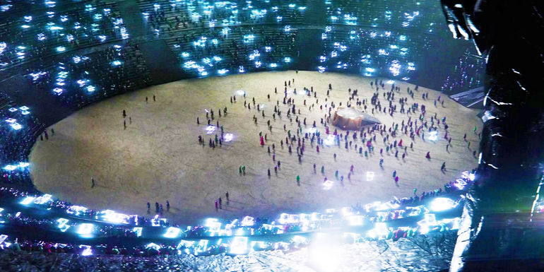 Thousands of Kang variants appearing in the Council of Kangs arena in Ant-Man 3