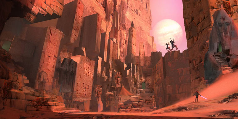 Ruins of morriband with a silhouette of a man holding a lightsaber staring upwards