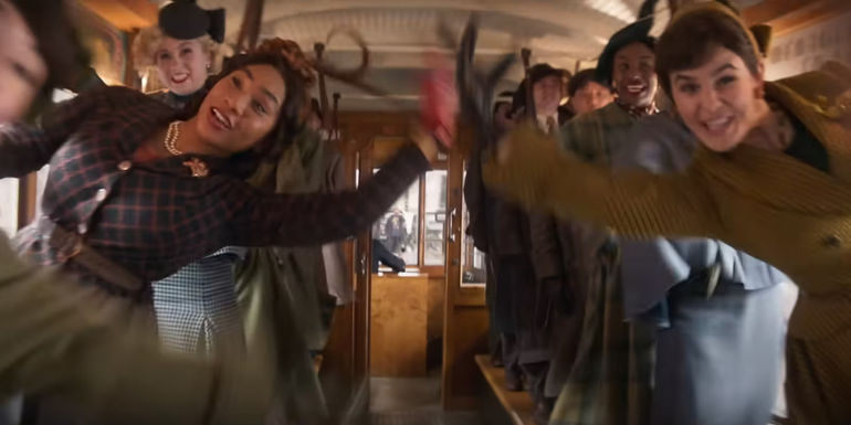 A line of dancers in Wonka