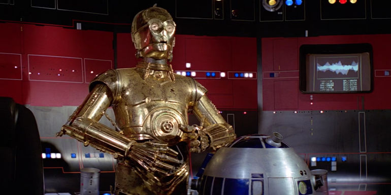 Anthony Daniels as C-3PO and Kenny Baker as R2-D2 in Star Wars: A New Hope