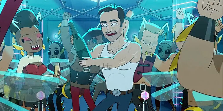 Hugh Jackman popping a bottle of champagne in Rick & Morty season 7