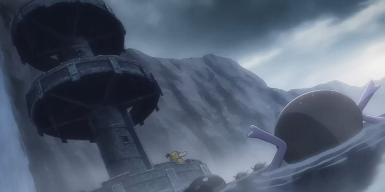 Pokemon: The Leaking Tower of Paldea in the rain, from Paldean Winds.