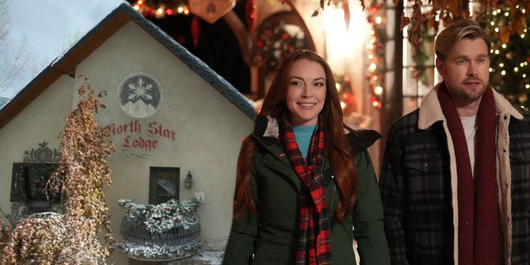 A blended image features Lindsay Lohan as Sierra and Chord Overstreet as Jake in Falling for Christmas alongside the North Star Lodge of the movie