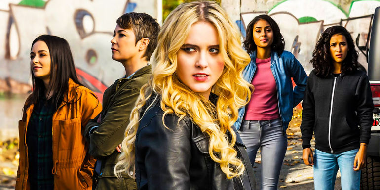 A blended image featuring the 5 Supernatural spinoff characters for Wayward Sisters: Jody Mills (Kim Rhodes), Donna (Briana Buckmaster), Claire (Kathryn Newton), Alex (Katherine Ramdeen), Kaia (Yadira Guevara-Prip), and Patience (Clark Backo)​​​​​​​ 