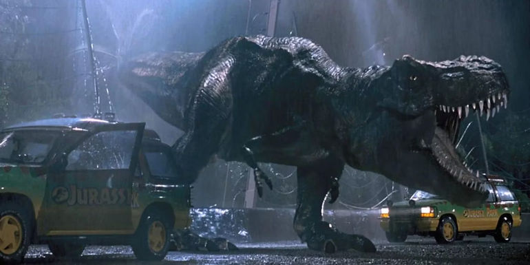 A T. Rex bursting through the gates