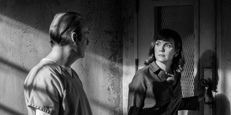 Bob Odenkirk's Jimmy and Rhea Seehorn's Kim in a prison cell in Better Call Saul.