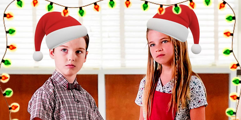 Iain Armitage as Sheldon and Raegan Revord as Missy in Young Sheldon with Santa hats surrounded by Christmas lights