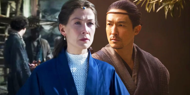 Custom image of Rosamund Pike as Moiraine juxtaposed with Daniel Henney as Lan in The Wheel of Time season 2.