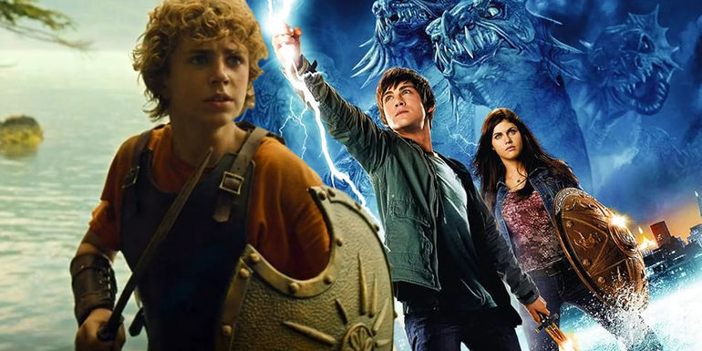 Percy Jackson wielding a sword and shield in the Disney+ TV show next to the 2010 Percy Jackson Poster