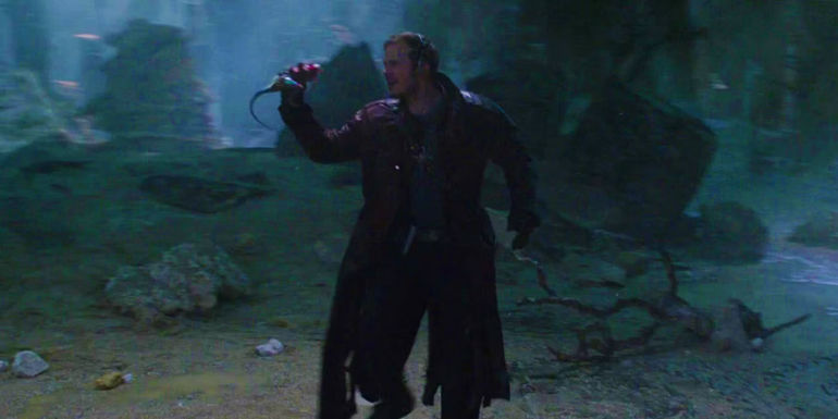 Peter Quill dancing on Morag in Guardians of the Galaxy