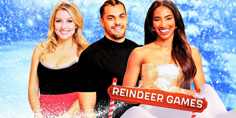 Contestants from Big Brother Reindeer Games, with a winter-themed background