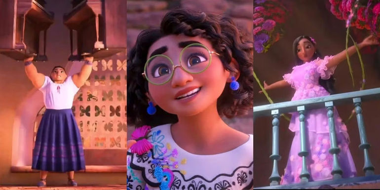 Three split images of Isabela, Luisa, And Mirabel from Encanto