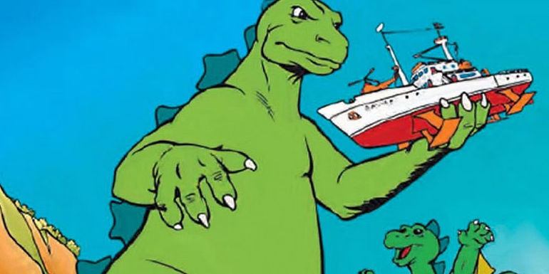 Godzilla holding a boat in Godzilla: The Series