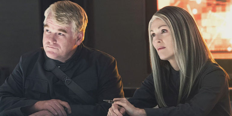 Plutarch Heavensbee and President Coin in The Hunger Games: Mockingjay Part 1