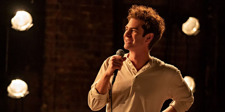 Andrew Garfield with a microphone in Tick Tick Boom
