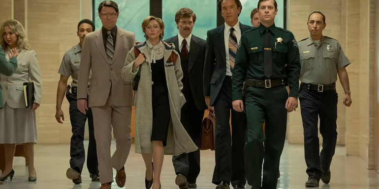 Candy and her supporters walking down the courthouse hall in Love & Death