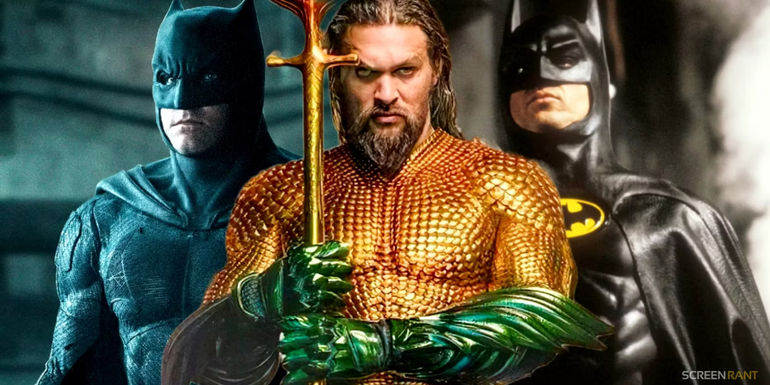 Ben Affleck and Michael Keaton as Batman with Jason Momoa in Aquaman and the Lost Kingdom