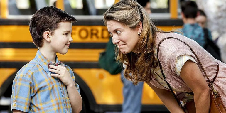 Sheldon and Mary Cooper in Young Sheldon stand outside his high school