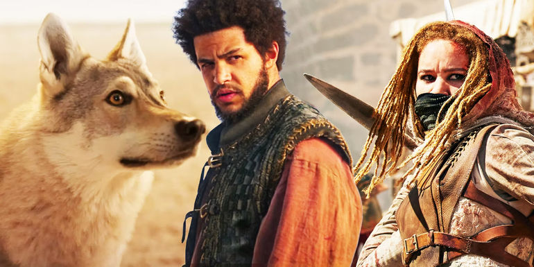 Ka Lupinka as Hopper, Marcus Rutherford as Perrin, and Ayoola Smart as Aviendha in The Wheel of Time season 2