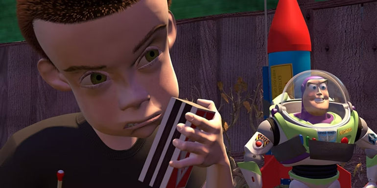Sid talking to the match box with Buzz strapped to a rocket in Toy Story