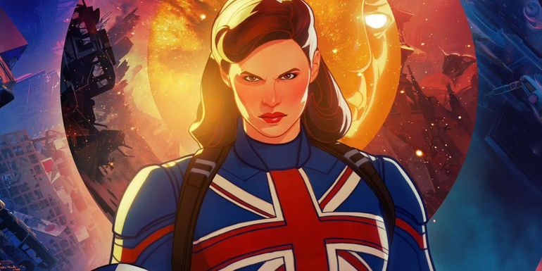 Captain Carter looking serious with multiverses in the background on a poster for What If 