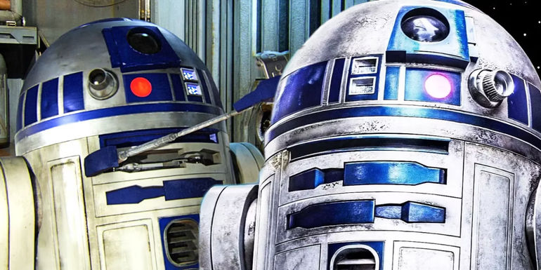 Live-action R2-D2 with arm extender and drawn R2-D2 next to him.