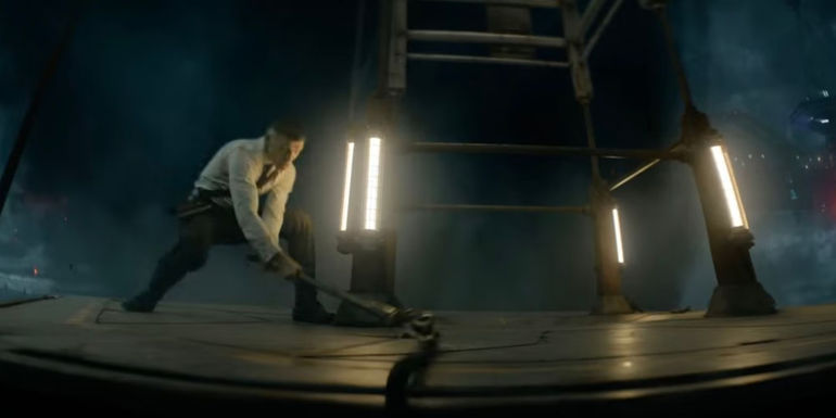 Noble slamming his bone staff on the ground in Rebel Moon