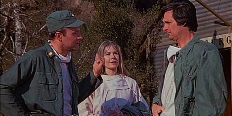Larry Linville's Burns, Loretta Switt's Margaret, and Alan Alda's Hawkeye in MASH season 1