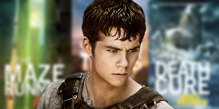 Dylan O'Brien as Thomas from The Maze Runner films overlayed on a blurred image of the book series
