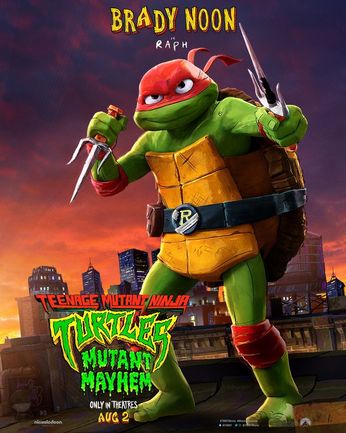 A poster featuring Raphael from Teenage Mutant Ninja Turtles, with sai weapons, against an urban backdrop. Text includes