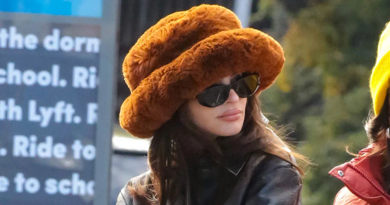 Emily Ratajkowski Rocks Her Signature Fuzzy Bucket Hat for Fall 2023