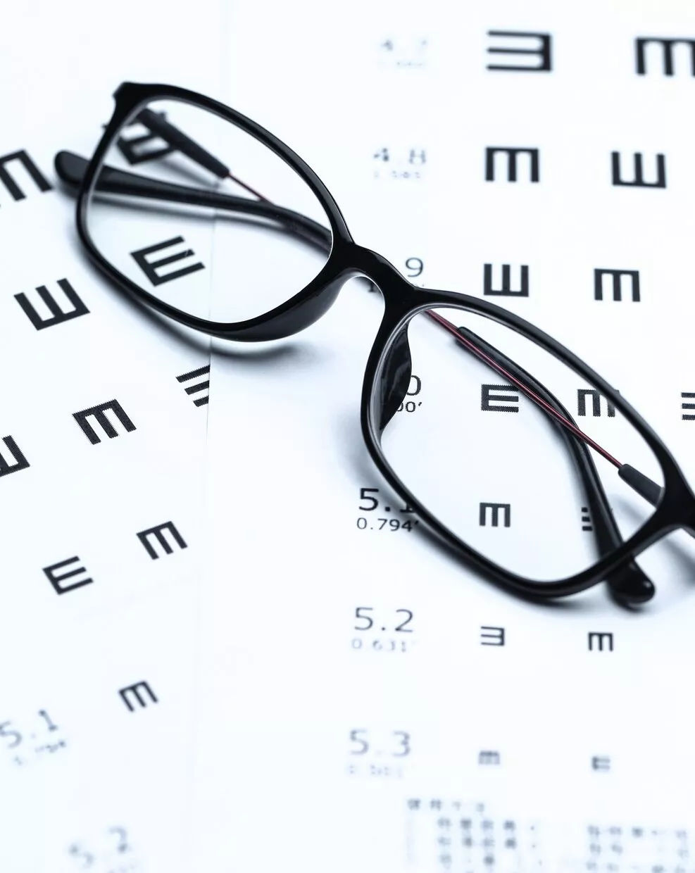 Eyeglasses on an eye chart representing professional eyeglass repair services in Albuquerque, NM