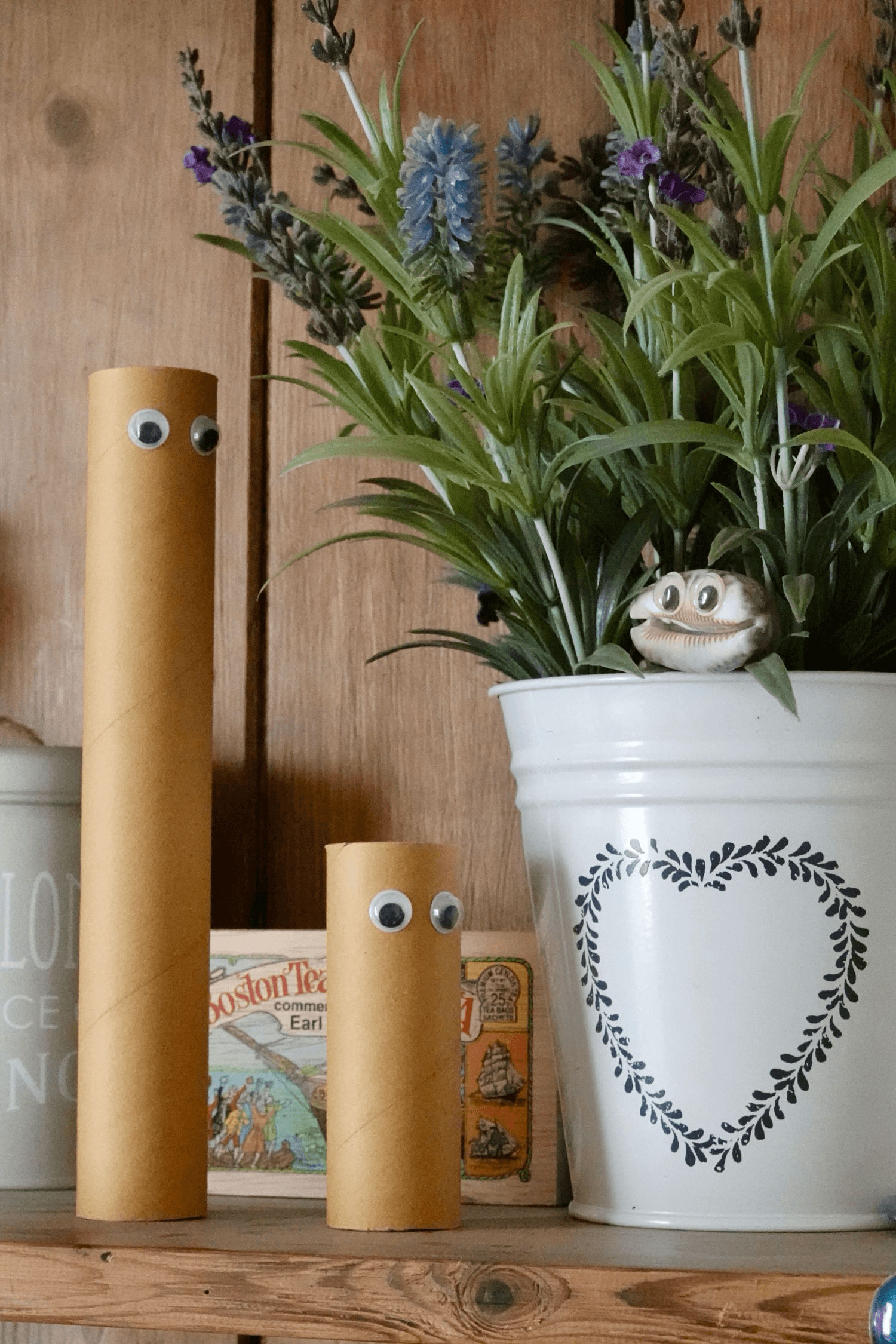 A shell with stick on eyes in a plant pot