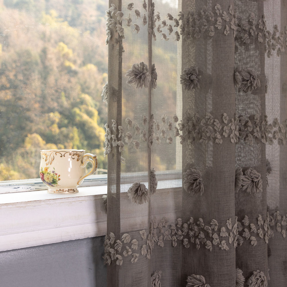 Tufted Pom-Pom Sheer Curtain Floral Textured Sheer Curtain  - Thumbnail 2