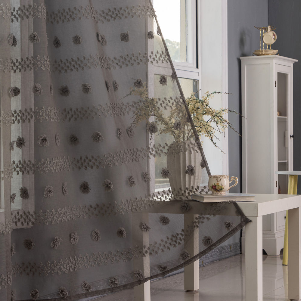 Tufted Pom-Pom Sheer Curtain Floral Textured Sheer Curtain  - Thumbnail 5