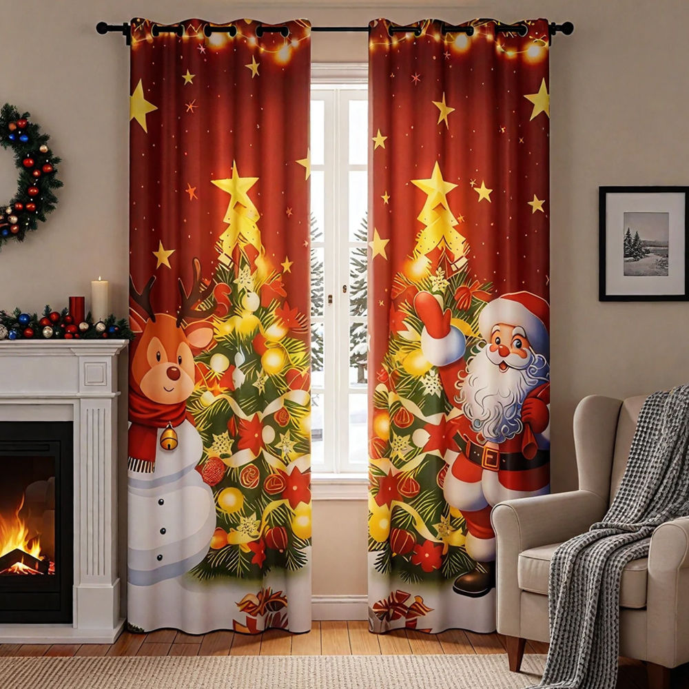 Santa Claus Snowman Christmas Tree Holiday Digital Printed Curtains