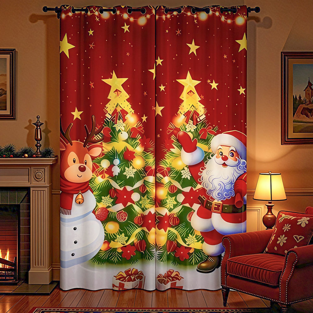 Santa Claus Snowman Christmas Tree Holiday Digital Printed Curtains - Thumbnail 2