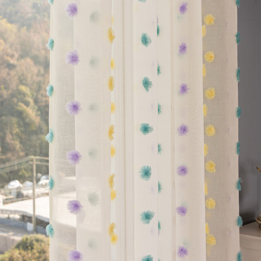 Colorful Embroidered Pom-Pom Sheer Curtains