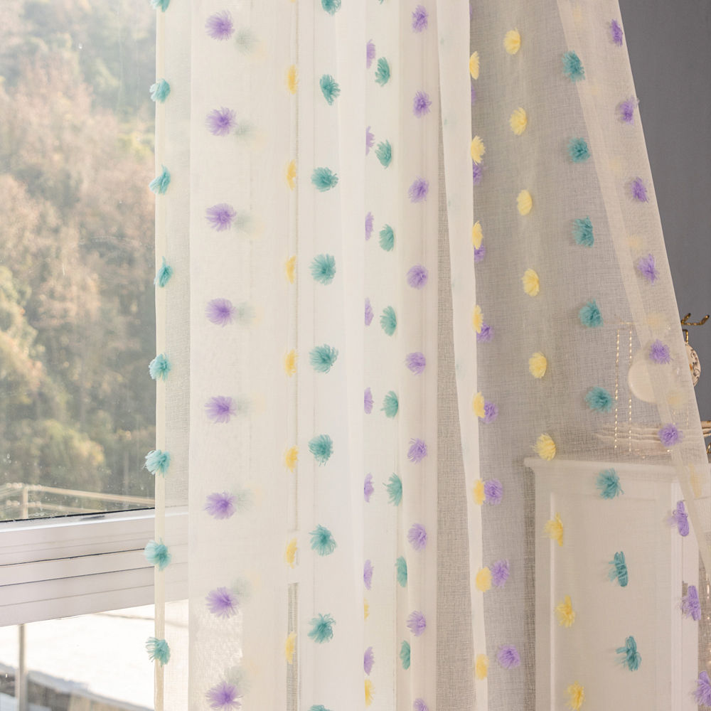 Colorful Embroidered Pom-Pom Sheer Curtains - Thumbnail 2