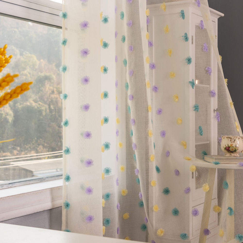 Colorful Embroidered Pom-Pom Sheer Curtains - Thumbnail 3