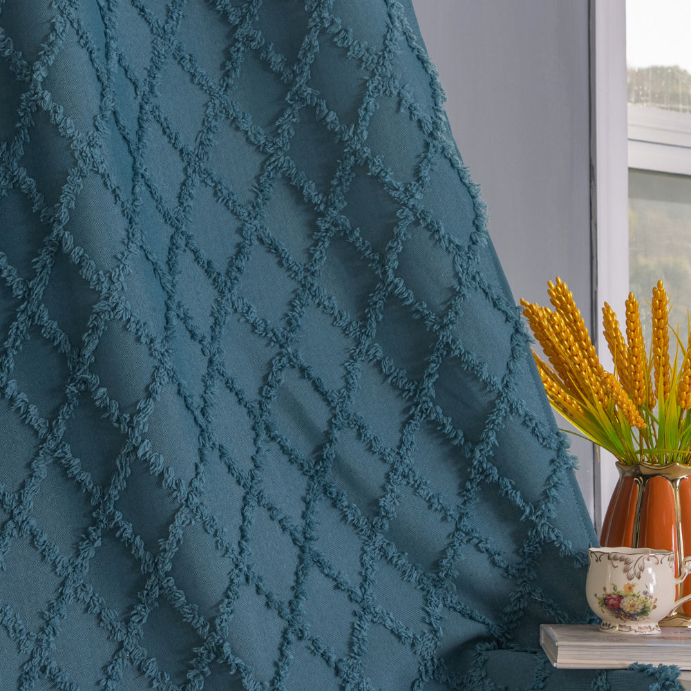 Cut Velvet Semi-Blackout Curtain with Textured Diamond Pattern - Thumbnail 2